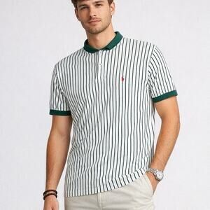 Vtg RARE Polo Ralph Lauren White Green Vertical Striped Polo Shirt Preppy M